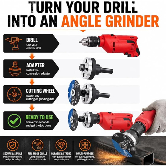 3/8” (10mm) Drill to Angle Grinder Mandrel Adapter – Convert Power Drill for Cutting, Grinding & Polishing