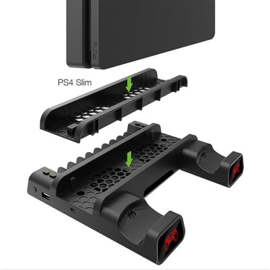 PS4 & PS5 Cooling Stand with Dual Controller Charging Dock – Multi-Function Gaming Console Organizer