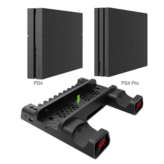 PS4 & PS5 Cooling Stand with Dual Controller Charging Dock – Multi-Function Gaming Console Organizer