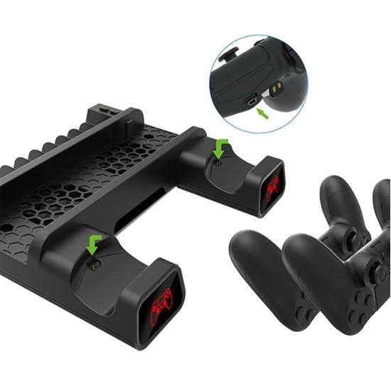 PS4 & PS5 Cooling Stand with Dual Controller Charging Dock – Multi-Function Gaming Console Organizer