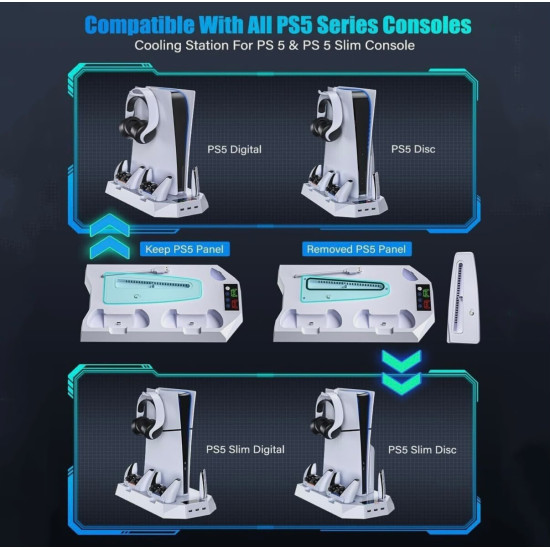 PS4 & PS5 Cooling Stand with Dual Controller Charging Dock – Multi-Function Gaming Console Organizer