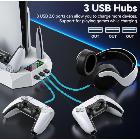 PS4 & PS5 Cooling Stand with Dual Controller Charging Dock – Multi-Function Gaming Console Organizer