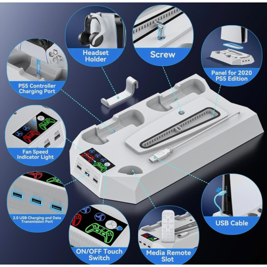 PS4 & PS5 Cooling Stand with Dual Controller Charging Dock – Multi-Function Gaming Console Organizer