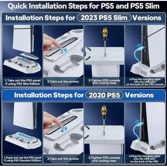 PS4 & PS5 Cooling Stand with Dual Controller Charging Dock – Multi-Function Gaming Console Organizer