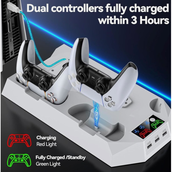 PS4 & PS5 Cooling Stand with Dual Controller Charging Dock – Multi-Function Gaming Console Organizer