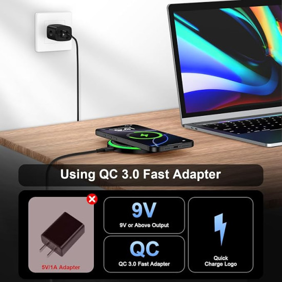 15W Fast Wireless Charger Pad  – Qi Charging Station with Power Adapter