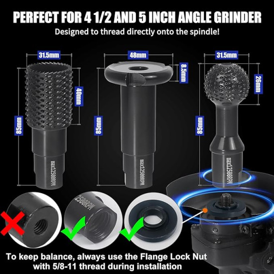 3 PCS Upgraded Wood Grinder Ball Gouge with 5/8-11 Thread for 4 1/2 and 5 Inch Angle Grinder Attachments
