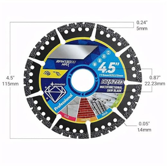 4.5 Inch Diamond Multi-Purpose Cutting Disc for Angle Grinder – Ultra Thin Diamond Saw Blade for Tile, Stone, Brick, Concrete & Metal