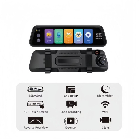4K 10"IPS WIFI Touch Screen Mirror Dash Cam, Front & Rear Rearview Mirror