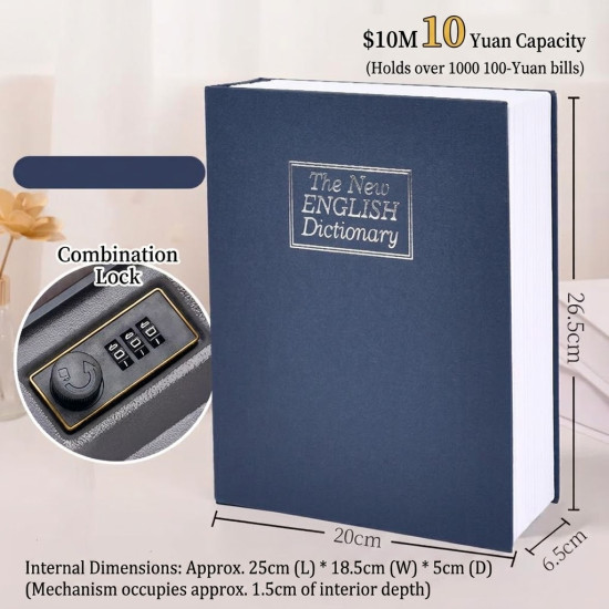 Hidden Book Safe with Combination Lock – Secure Steel Lock Box for Cash, Jewelry & Valuables