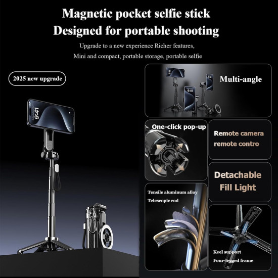 All-in-One Vlogging Tool – 4-in-1 Magnetic Selfie Stick with Remote