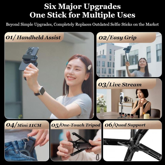 All-in-One Vlogging Tool – 4-in-1 Magnetic Selfie Stick with Remote