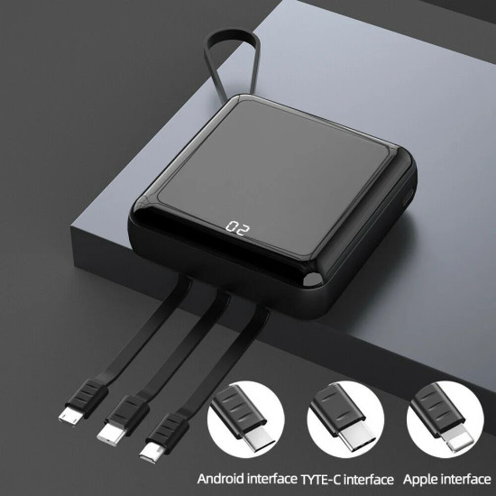 Never Run Out of Battery – 20,000mAh Mini Power Bank with Built-In Cables & Mirror Display