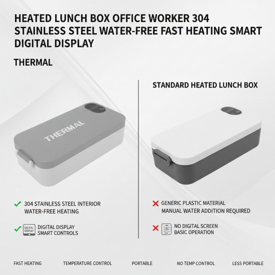 Rechargeable Heated Lunch Box - 304 Stainless Steel Electric Food Warmer with Digital Display I Perfect for Work, School, Car & Travel
