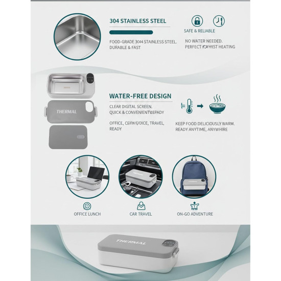 Rechargeable Heated Lunch Box - 304 Stainless Steel Electric Food Warmer with Digital Display I Perfect for Work, School, Car & Travel