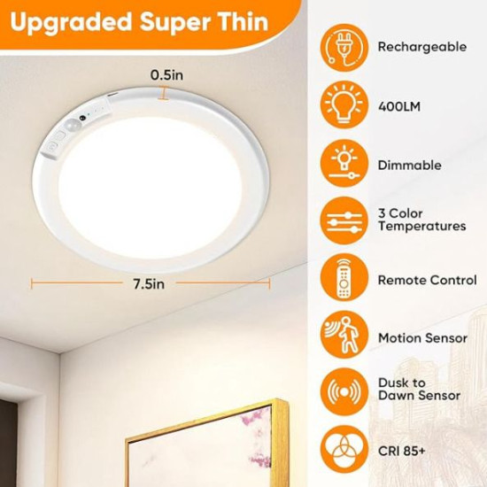 No Wiring, No Hassle – Rechargeable Motion Sensor Ceiling Light with Remote