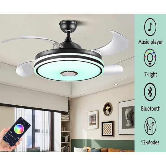 42" Smart Bluetooth Ceiling Fan with Retractable LED Lights, Remote Control & RGB Music Speaker 
