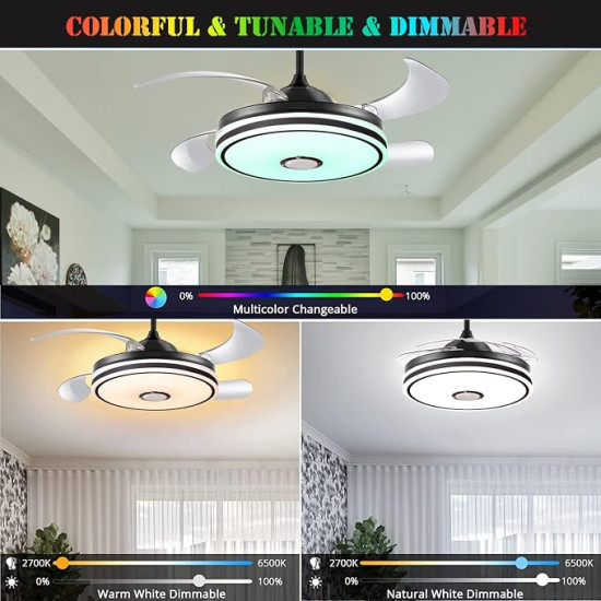 42" Smart Bluetooth Ceiling Fan with Retractable LED Lights, Remote Control & RGB Music Speaker 