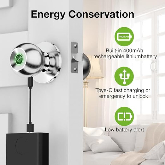 Smart Fingerprint Door Lock – Rechargeable Biometric Door Knob with App Control for Home, Office & Apartment