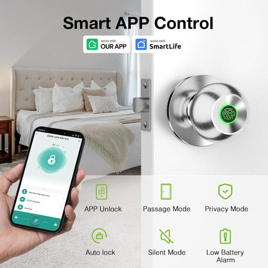 Smart Fingerprint Door Lock – Rechargeable Biometric Door Knob with App Control for Home, Office & Apartment
