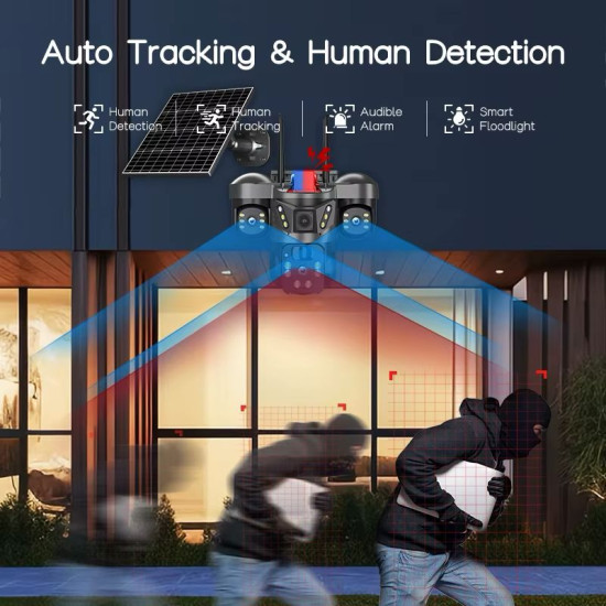 Solar Powered Outdoor IP Camera WIFI Auto Motion Detection Night Vision & Two Way Audio Ptz Security 3k Resolution