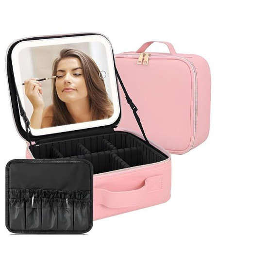 Travel Makeup Bag with LED Lighted Mirror – Portable Cosmetic Organizer for Flawless Beauty Anywhere 