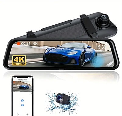 4K 10"IPS WIFI Touch Screen Mirror Dash Cam, Front & Rear Rearview Mirror